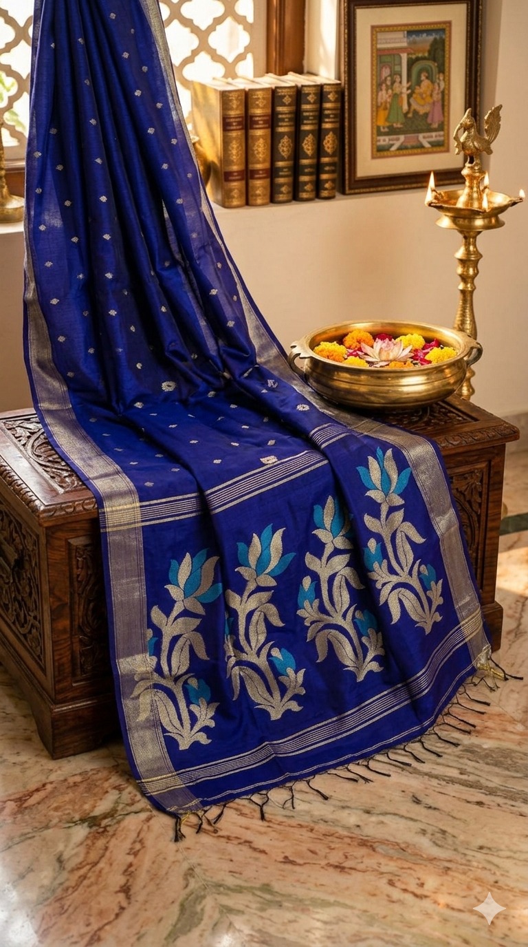 Royal Blue Handloom Cotton Saree with Silver Zari Border & Elegant Floral Pallu