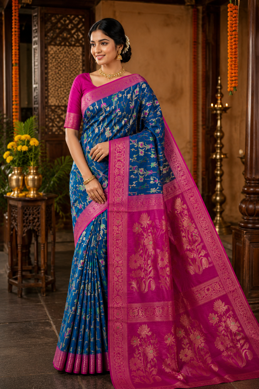 Premium Royal Blue Handloom Cotton Saree with Magenta Floral Pallu & Woven Zari Design