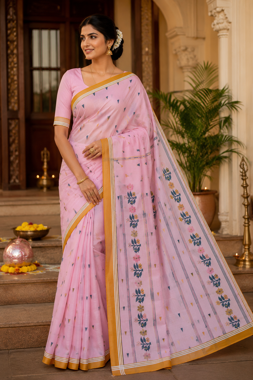 Premium Handloom Tant Cotton Saree for Women – Baby Pink Floral Printed Bengali Traditional Saree with Mustard Border