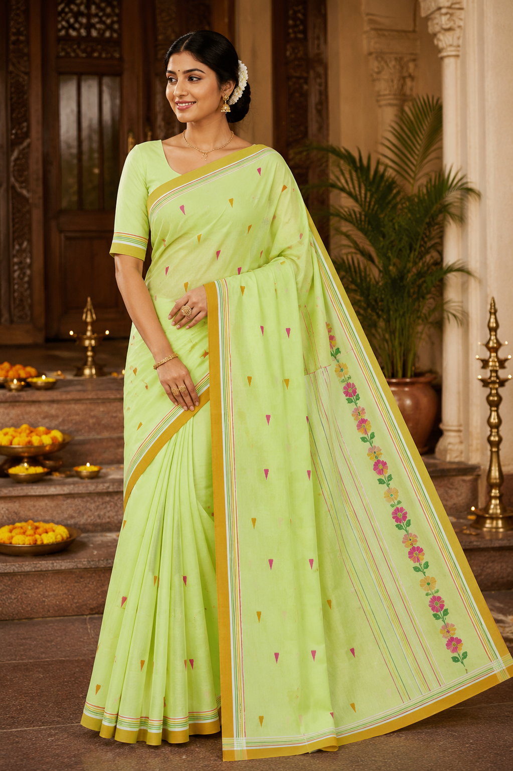 Premium Lemon Yellow Tant Cotton Saree with Multicolor Buti Design