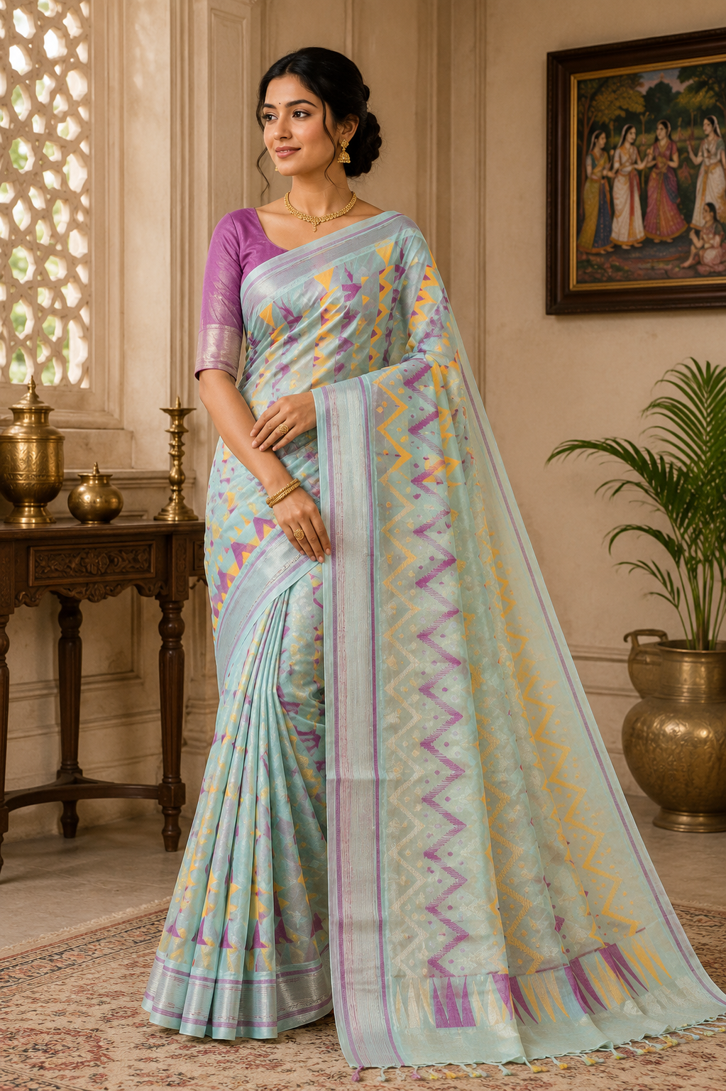 Premium Sky Blue Handloom Cotton Jamdani Saree with Lavender & Mustard Geometric Woven Design | Traditional Bengali Jamdani Saree