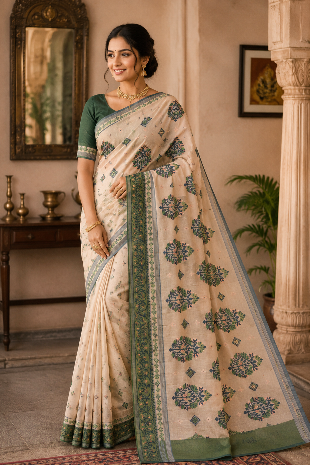 Premium Off-White & Green Cotton Jamdani Handloom Saree with Traditional Woven Floral Motifs